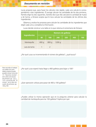 Documento en revisión

                            Lucas propone que, para hacer los cálculos más rápido, cada uno calcule lo corres-
                            pondiente a dos ingredientes. Él escoge calcular las cantidades de los dos primeros,
                            Pamela elige los dos siguientes, Daniela dice que ella calculará la cantidad de huevo
                            y de harina, y Octavio acepta que le toca calcular las cantidades de los últimos dos
                            ingredientes.
                                Observa y analiza los procesos para calcular las cantidades de los ingredientes que
                            eligió cada uno y completa la información.
                               Lucas decide construir una tabla en la que retoma el comentario de Octavio:

                                                                       Número de galletas
                               Ingredientes
                                                      80        160        240       320        400        100

                                Mantequilla         400 g      800 g     1200 g

                                Lata de leche         1          2



                            ¿Por qué Lucas va incrementando el número de galletas?, ¿qué busca?




Para recordar el trabajo
con tablas de canti-        ¿Por qué Lucas esperó hasta llegar a 400 galletas para bajar a 100?
dades proporcionales
puedes revisar la lección
17, “Hacemos recetas”,
de tu libro de tercero
de primaria: pp. 122 y
123; o la lección 86, “El
museo”, de tu libro de      ¿Qué operación utilizas para pasar de 400 a 100 galletas?
cuarto de primaria: pp.
194 y195.




                            ¿Puedes utilizar la misma operación que en la pregunta anterior para calcular la
                            cantidad de mantequilla para las 100 galletas? Explica por qué.




     26
 
