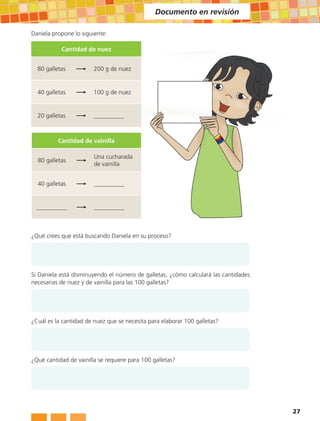 Documento en revisión

Daniela propone lo siguiente:

           Cantidad de nuez


  80 galletas          200 g de nuez


  40 galletas          100 g de nuez


  20 galletas          __________



          Cantidad de vainilla


  80 galletas          Una cucharada
                        de vainilla


  40 galletas          __________


  __________           __________



¿Qué crees que está buscando Daniela en su proceso?




Si Daniela está disminuyendo el número de galletas, ¿cómo calculará las cantidades
necesarias de nuez y de vainilla para las 100 galletas?




¿Cuál es la cantidad de nuez que se necesita para elaborar 100 galletas?




¿Qué cantidad de vainilla se requiere para 100 galletas?




                                                                                     27
 