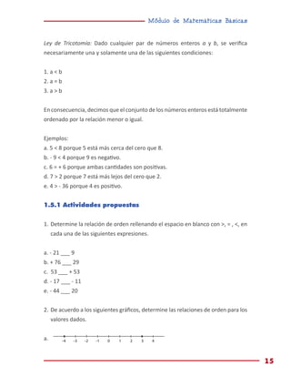 Módulo de Matemáticas Básicas
15
Ley de Tricotomía: Dado cualquier par de números enteros a y b, se verifica
necesariamente una y solamente una de las siguientes condiciones:
1. a < b
2. a = b
3. a > b
En consecuencia, decimos que el conjunto de los números enteros está totalmente
ordenado por la relación menor o igual.
Ejemplos:
a. 5 < 8 porque 5 está más cerca del cero que 8.
b. - 9 < 4 porque 9 es negativo.
c. 6 = + 6 porque ambas cantidades son positivas.
d. 7 > 2 porque 7 está más lejos del cero que 2.
e. 4 > - 36 porque 4 es positivo.
1.5.1 Actividades propuestas
1.	Determine la relación de orden rellenando el espacio en blanco con >, = , <, en
cada una de las siguientes expresiones.
a. - 21 ___ 9
b. + 76 ___ 29
c. 53 ___ + 53
d. - 17 ___ - 11
e. - 44 ___ 20
2.	De acuerdo a los siguientes gráficos, determine las relaciones de orden para los
valores dados.
a. 0 1 2 3 4
-1
-2
-3
-4
 