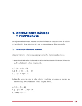 Módulo de Matemáticas Básicas
17
2.	OPERACIONES BÁSICAS
Y PROPIEDADES
El conjunto de los números enteros, considerado junto con sus operaciones de adición
y multiplicación, tiene una estructura que en matemáticas se denomina anillo.
2.1 Suma de números enteros
Al sumar números enteros se pueden presentar las siguientes situaciones.
1.	Cuandosumamosdosomásenterospositivos,entoncessesumanlascantidades
y al resultado se le coloca el signo más.
a. (+ 14) + (+ 6) = + 20
b. (+ 4) + (+ 22) + (+ 6) = + 32
c. (+ 19) + (+ 16) = + 35
2.	Cuando sumamos dos o más enteros negativos, entonces se suman las
cantidades y al resultado se le coloca el signo menos.
a. (- 8) + (- 7) = - 15
b. (- 11) + (- 12) + (- 15) = - 38
c. - 19 + (- 23) = - 42
 