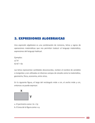 Módulo de Matemáticas Básicas
53
3. EXPRESIONES ALGEBRAICAS
Una expresión algebraica es una combinación de números, letras y signos de
operaciones matemáticas que nos permiten traducir al lenguaje matemático,
expresiones del lenguaje habitual.
Ejemplos:
a) 7x2
b) 4x3
+ 6x
Las letras representan cantidades desconocidas, reciben el nombre de variables
o incógnitas y son utilizadas en diversos campos de estudio como la matemática,
geometría, física, economía, entre otros.
En la siguiente figura, el largo del rectángulo mide x cm, el ancho mide y cm,
entonces se puede expresar:
x
y
a. El perímetro como: 2x + 2y
b. El área de la figura como: x.y
 
