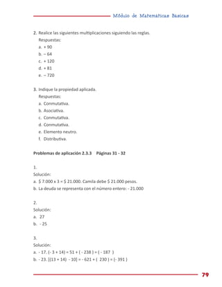 Módulo de Matemáticas Básicas
79
2.	Realice las siguientes multiplicaciones siguiendo las reglas.
Respuestas:
a.	+ 90
b.	– 64
c.	 + 120
d.	+ 81
e.	– 720
3.	Indique la propiedad aplicada.
Respuestas:
a.	Conmutativa.
b.	Asociativa.
c.	 Conmutativa.
d.	Conmutativa.
e.	Elemento neutro.
f.	 Distributiva.
Problemas de aplicación 2.3.3 Páginas 31 - 32
1.
Solución:
a.	$ 7.000 x 3 = $ 21.000. Camila debe $ 21.000 pesos.
b.	La deuda se representa con el número entero: - 21.000
2.	
Solución:
a.	 27
b.	 - 25
3.
Solución:
a.	- 17. (- 3 + 14) = 51 + ( - 238 ) = ( - 187 )
b.	- 23. [(13 + 14) - 10] = - 621 + ( 230 ) = (- 391 )
 