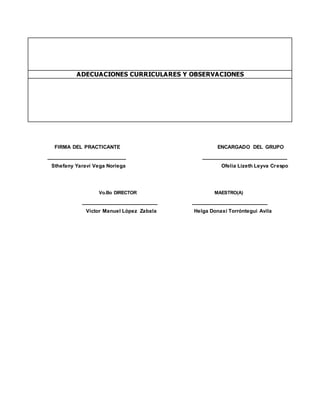 ADECUACIONES CURRICULARES Y OBSERVACIONES
FIRMA DEL PRACTICANTE ENCARGADO DEL GRUPO
_________________________ ___________________________
Sthefany Yaraví Vega Noriega Ofelia Lizeth Leyva Crespo
Vo.Bo DIRECTOR MAESTRO(A)
________________________ ________________________
Víctor Manuel López Zabala Helga Donaxí Torróntegui Avila
 