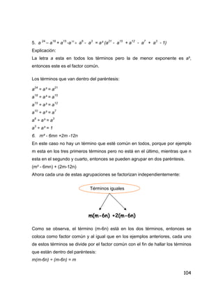 104
5. a 24
– a18
+ a15
-a 10
a6
- a3
= a³ (a21
- a15
+ a12
- a7
+ a3
- 1)
Explicación:
La letra a esta en todos los términos pero la de menor exponente es a³,
entonces este es el factor común.
Los términos que van dentro del paréntesis:
a24
÷ a³ = a21
a18
÷ a³ = a15
a15
÷ a³ = a12
a10
÷ a³ = a7
a6
÷ a³ = a3
a3
÷ a³ = 1
6. m² - 6mn +2m -12n
En este caso no hay un término que esté común en todos, porque por ejemplo
m esta en los tres primeros términos pero no está en el último, mientras que n
esta en el segundo y cuarto, entonces se pueden agrupar en dos paréntesis.
(m² - 6mn) + (2m-12n)
Ahora cada una de estas agrupaciones se factorizan independientemente:
Como se observa, el término (m-6n) está en los dos términos, entonces se
coloca como factor común y al igual que en los ejemplos anteriores, cada uno
de estos términos se divide por el factor común con el fin de hallar los términos
que están dentro del paréntesis:
m(m-6n) ÷ (m-6n) = m
m(m-6n) +2(m-6n)
Términos iguales
 