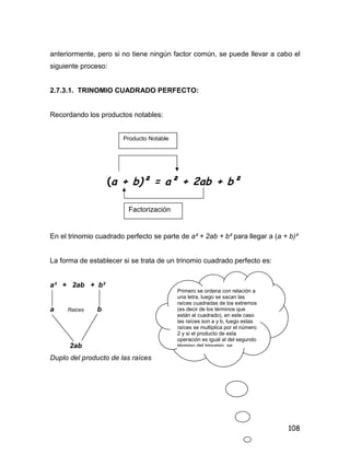 108
anteriormente, pero si no tiene ningún factor común, se puede llevar a cabo el
siguiente proceso:
2.7.3.1. TRINOMIO CUADRADO PERFECTO:
Recordando los productos notables:
En el trinomio cuadrado perfecto se parte de a² + 2ab + b² para llegar a (a + b)²
La forma de establecer si se trata de un trinomio cuadrado perfecto es:
a² + 2ab + b²
a Raices b
2ab
Duplo del producto de las raíces
Producto Notable
(a + b)² = a² + 2ab + b²
Factorización
Primero se ordena con relación a
una letra, luego se sacan las
raíces cuadradas de los extremos
(es decir de los términos que
están al cuadrado), en este caso
las raíces son a y b, luego estas
raíces se multiplica por el número
2 y si el producto de esta
operación es igual al del segundo
término del trinomio, se
 