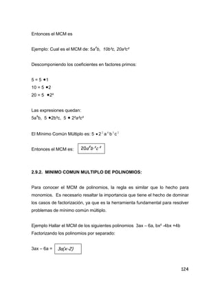 124
Entonces el MCM es
Ejemplo: Cual es el MCM de: 5a4
b, 10b³c, 20a²c²
Descomponiendo los coeficientes en factores primos:
5 = 5 1
10 = 5 2
20 = 5 2²
Las expresiones quedan:
5a4
b, 5 2b³c, 5  2²a²c²
El Mínimo Común Múltiplo es: 5  2 2
a 4
b3
c 2
Entonces el MCM es:
2.9.2. MINIMO COMUN MULTIPLO DE POLINOMIOS:
Para conocer el MCM de polinomios, la regla es similar que lo hecho para
monomios. Es necesario resaltar la importancia que tiene el hecho de dominar
los casos de factorización, ya que es la herramienta fundamental para resolver
problemas de mínimo común múltiplo.
Ejemplo Hallar el MCM de los siguientes polinomios 3ax – 6a, bx² -4bx +4b
Factorizando los polinomios por separado:
3ax – 6a =
20a4
b³c²
3a(x-2)
 