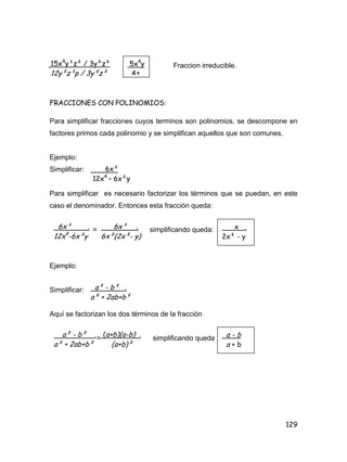 129
= Fraccion irreducible.
FRACCIONES CON POLINOMIOS:
Para simplificar fracciones cuyos terminos son polinomios, se descompone en
factores primos cada polinomio y se simplifican aquellos que son comunes.
Ejemplo:
Simplificar:
Para simplificar es necesario factorizar los términos que se puedan, en este
caso el denominador. Entonces esta fracción queda:
= simplificando queda:
Ejemplo:
Simplificar:
Aquí se factorizan los dos términos de la fracción
= simplificando queda
6x³ .
12x4
-6x²y
6x³ .
6x²(2x²- y)
15x4
y³z² / 3y²z²
12y²z³p / 3y²z²
5x4
y
4z
6x³
12x4
– 6x²y
x .
2x² - y
a² - b² .
a² + 2ab+b²
a² - b² .
a² + 2ab+b²
(a+b)(a-b) .
(a+b)²
a - b
a + b
 