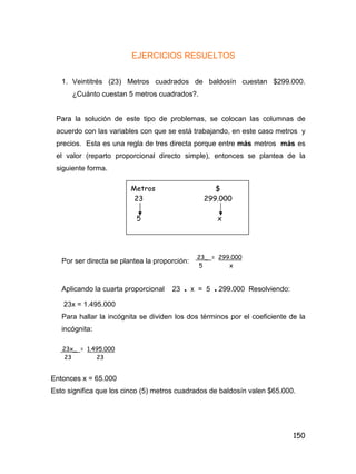 150
EJERCICIOS RESUELTOS
1. Veintitrés (23) Metros cuadrados de baldosín cuestan $299.000.
¿Cuánto cuestan 5 metros cuadrados?.
Para la solución de este tipo de problemas, se colocan las columnas de
acuerdo con las variables con que se está trabajando, en este caso metros y
precios. Esta es una regla de tres directa porque entre más metros más es
el valor (reparto proporcional directo simple), entonces se plantea de la
siguiente forma.
Por ser directa se plantea la proporción:
Aplicando la cuarta proporcional 23 • x = 5 • 299.000 Resolviendo:
23x = 1.495.000
Para hallar la incógnita se dividen los dos términos por el coeficiente de la
incógnita:
Entonces x = 65.000
Esto significa que los cinco (5) metros cuadrados de baldosín valen $65.000.
Metros $
23 299.000
5 x
23_ = 299.000
5 x
23x_ = 1.495.000
23 23
 