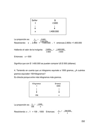 152
La proporción es:
Resolviendo: x • 2.800 = 1.400.000 • 1 entonces 2.800x =1.400.000
Hallando el valor de la incógnita
Entonces: x = 500
Significa que con $ 1.400.000 se pueden comprar US $ 500 (dólares)
4. Teniendo en cuenta que un kilogramo equivale a 1000 gramos, ¿A cuántos
gramos equivalen 158 Kilogramos?
Es directa porque entre más kilogramos más gramos.
La proporción es:
Resolviendo: x • 1 = 158 • 1000 Entonces:
Dollar $
1 2.800
x 1.400.000
1_ = _2.800_
x 1.400.000
2.800x_ = _1.400.000_
2.800 2.800
Kilogramos Gramos
1 1000
158 x
1_ = _1.000_
158 x
x_ = _158.000_
1 1
 