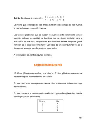 162
Quinto: Se plantea la proporción.
Lo mismo que en la regla de tres directa también existe la regla de tres inversa,
la cual se basa en proporción inversa.
Los tipos de problemas que se pueden resolver con esta herramienta son por
ejemplo, calcular la cantidad de hombres que se deben contratar para la
realización de una obra, ya que entre más hombres menos tiempo se gasta.
También es el caso que entre mayor velocidad de un automóvil menos es el
tiempo que se gasta para llegar de un lugar a otro.
A continuación se plantea algunos ejemplos.
EJERCICIOS RESUELTOS
13. Cinco (5) operarios realizan una obra en 8 días. ¿Cuántos operarios se
necesitarán para elaborar la obra en 4 días?
En este caso entre más operarios menos días, entonces se trata de una regla
de tres inversa.
En este problema el planteamiento es el mismo que en la regla de tres directa,
pero la proporción es diferente.
K = A , K = A , K = A
c1 X c2 Y c3 Z
Obreros Días
5 8
x 4
 