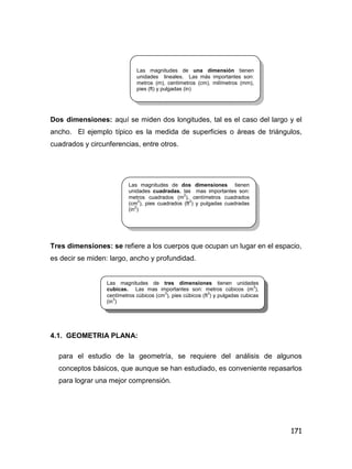 171
Dos dimensiones: aquí se miden dos longitudes, tal es el caso del largo y el
ancho. El ejemplo típico es la medida de superficies o áreas de triángulos,
cuadrados y circunferencias, entre otros.
Tres dimensiones: se refiere a los cuerpos que ocupan un lugar en el espacio,
es decir se miden: largo, ancho y profundidad.
4.1. GEOMETRIA PLANA:
para el estudio de la geometría, se requiere del análisis de algunos
conceptos básicos, que aunque se han estudiado, es conveniente repasarlos
para lograr una mejor comprensión.
Las magnitudes de una dimensión tienen
unidades lineales. Las más importantes son:
metros (m), centímetros (cm), milímetros (mm),
pies (ft) y pulgadas (in)
Las magnitudes de dos dimensiones tienen
unidades cuadradas. las mas importantes son:
metros cuadrados (m
2
), centímetros cuadrados
(cm
2
), pies cuadrados (ft
2
) y pulgadas cuadradas
(in
2
)
Las magnitudes de tres dimensiones tienen unidades
cubicas. Las mas importantes son: metros cúbicos (m
3
),
centímetros cúbicos (cm
3
), pies cúbicos (ft
3
) y pulgadas cubicas
(in
3
)
 