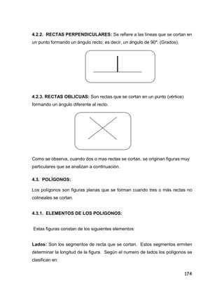 174
4.2.2. RECTAS PERPENDICULARES: Se refiere a las líneas que se cortan en
un punto formando un ángulo recto; es decir, un ángulo de 90º. (Grados).
4.2.3. RECTAS OBLICUAS: Son rectas que se cortan en un punto (vértice)
formando un ángulo diferente al recto.
Como se observa, cuando dos o mas rectas se cortan, se originan figuras muy
particulares que se analizan a continuación.
4.3. POLÍGONOS:
Los polígonos son figuras planas que se forman cuando tres o más rectas no
colineales se cortan.
4.3.1. ELEMENTOS DE LOS POLIGONOS:
Estas figuras constan de los siguientes elementos:
Lados: Son los segmentos de recta que se cortan. Estos segmentos ermiten
determinar la longitud de la figura. Según el numero de lados los polígonos se
clasifican en:
 