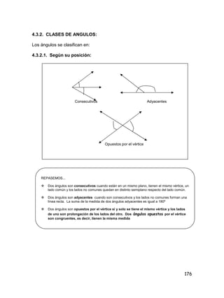 176
4.3.2. CLASES DE ANGULOS:
Los ángulos se clasifican en:
4.3.2.1. Según su posición:
Consecutivos Adyacentes
Opuestos por el vértice
REPASEMOS...
 Dos ángulos son consecutivos cuando están en un mismo plano, tienen el mismo vértice, un
lado común y los lados no comunes quedan en distinto semiplano respecto del lado común.
 Dos ángulos son adyacentes cuando son consecutivos y los lados no comunes forman una
línea recta. La suma de la medida de dos ángulos adyacentes es igual a 180º
 Dos ángulos son opuestos por el vértice si y solo se tiene el mismo vértice y los lados
de uno son prolongación de los lados del otro. Dos ángulos opuestos por el vértice
son congruentes, es decir, tienen la misma medida
 