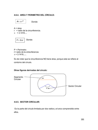 191
4.6.4. AREA Y PERIMETRO DEL CÍRCULO:
Donde:
A = área
r = radio de la circunferencia.
 = 3.1416....
donde: Donde:
P = Perímetro
r= radio de la cirdunferencia
 = 3.1416.....
Es de notar que la circunferencia NO tiene área, porque esta se refiere al
contorno del círculo.
Otras figuras derivadas del círculo:
Segmento
Circular
Sector Circular
4.6.5. SECTOR CIRCULAR:
Es la parte del círculo limitada por dos radios y el arco comprendido entre
ellos.
A=  r²
P = 2r

 