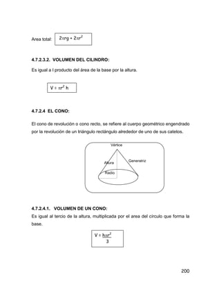 200
Area total:
4.7.2.3.2. VOLUMEN DEL CILINDRO:
Es igual a l producto del área de la base por la altura.
4.7.2.4 EL CONO:
El cono de revolución o cono recto, se refiere al cuerpo geométrico engendrado
por la revolución de un triángulo rectángulo alrededor de uno de sus catetos.
4.7.2.4.1. VOLUMEN DE UN CONO:
Es igual al tercio de la altura, multiplicada por el area del círculo que forma la
base.
2rg + 2r2
V = r2
h
V = hr2
3
Vértice
Altura
Radio
Generatriz
 