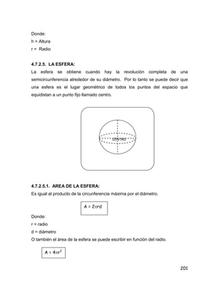 201
Donde:
h = Altura
r = Radio
4.7.2.5. LA ESFERA:
La esfera se obtiene cuando hay la revolución completa de una
semicircunferencia alrededor de su diámetro. Por lo tanto se puede decir que
una esfera es el lugar geométrico de todos los puntos del espacio que
equidistan a un punto fijo llamado centro.
4.7.2.5.1. AREA DE LA ESFERA:
Es igual al producto de la circunferencia máxima por el diámetro.
Donde:
r = radio
d = diámetro
O también el área de la esfera se puede escribir en función del radio.
CENTRO
A = 2rd
A = 4r2
 