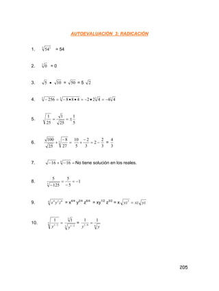 205
AUTOEVALUACIÒN 3: RADICACIÒN
1. 3 3
54 = 54
2. 3
0 = 0
3. 5  10 = 50 = 5 2
4. 3333
44422488256 
5.
5
1
25
1
25
1

6. 

 3
27
8
25
100


 2
3
2
5
10
3
2
=
3
4
7.  4
1616 No tiene solución en los reales.
8. 1
5
5
125
5
3




9. 4 624
zyx = x4/4
y2/4
z6/4
= xy1/2
z3/2
= x yzxzyz 3
10. 3
2/1
1
y 3 2/1
3
1
y
=
66/1
11
yy

 