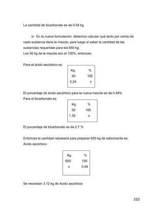 222
La cantidad de bicarbonato es de 0.54 kg
b- En la nueva formulación, debemos calcular qué tanto por ciento de
cada sustancia tiene la mezcla, para luego sí saber la cantidad de las
sustancias requeridas para los 650 kg.
Los 50 kg de la mezcla son el 100%, entonces:
Para el ácido ascórbico es:
Kg %
50 100
0.24 x
El porcentaje de ácido ascórbico para la nueva mezcla es de 0.48%
Para el bicarbonato es:
Kg %
50 100
1.35 x
El porcentaje de bicarbonato es de 2.7 %
Entonces la cantidad necesaria para preparar 650 kg de saborizante es:
Acido ascórbico:
Kg %
650 100
x 0.48
Se necesitan 3.12 kg de Acido ascórbico
 