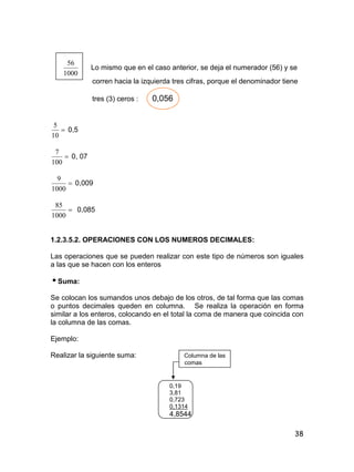 38
1000
56
Lo mismo que en el caso anterior, se deja el numerador (56) y se
corren hacia la izquierda tres cifras, porque el denominador tiene
tres (3) ceros : 0,056

10
5
0,5

100
7
0, 07

1000
9
0,009

1000
85
0,085
1.2.3.5.2. OPERACIONES CON LOS NUMEROS DECIMALES:
Las operaciones que se pueden realizar con este tipo de números son iguales
a las que se hacen con los enteros
Suma:
Se colocan los sumandos unos debajo de los otros, de tal forma que las comas
o puntos decimales queden en columna. Se realiza la operación en forma
similar a los enteros, colocando en el total la coma de manera que coincida con
la columna de las comas.
Ejemplo:
Realizar la siguiente suma: Columna de las
comas
0,19
3,81
0,723
0,1314
4,8544
 