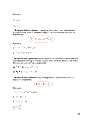 52
Ejemplos
57 571

X
1
= X
Potencia de bases iguales: cuando se tienen dos o mas bases iguales
multiplicándose entre si, se operan, dejando la misma base y sumando los
exponentes.
33
 35
 3 6
3 14653
3
Ejemplos:
7 4
 73
 71
= 7 8134
7
z a
 zb
 zc
= z cba 
Potencia de un producto: cuando se tiene un producto de varios términos,
elevados al mismo exponente, se expresa como producto de cada uno de los
términos elevados al mismo exponente.
(4  7  9)3
= 43
 73
 93
(x y  z ) b
xb
 yb
 zb
Potencia de un cociente: para dividir potencias de la misma base, se
restan los exponentes
3  58
3 3 58
33
Ejemplos:
15  47
15 15 337515347

3 51616
333  
C 25757
CCC  
( n
n
n
y
x
y
x
)
 