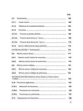 6
PAG
2.7. Factorización………………………………………………………….… 100
2.7.1. Factor común…………………………………………….………….. 100
2.7.2. Diferencia de cuadrados perfectos………………………………... 105
2.7.3. Trinomios……………………………………………………………… 106
2.7.3.1. Trinomio cuadrado perfecto………………………………………. 106
2.7.3.2. Trinomio de la forma (x 2
+bx+c)………………………………….. 109
2.7.3.3. Trinomio de la forma (ax 2
+bx+c)…………………………………. 112
2.7.4. Suma o diferencia de cubos perfectos…………………………….. 115
AUTOEVALUACION 7 Factorización…………..…………………………… 116
2.8. Máximo común divisor………………………………………………… 117
2.8.1. Máximo común divisor de monomios……………………………… 118
2.8.2. Máximo común divisor de polinomios…………………………….. 119
2.9. Mínimo común múltiplo………………………………………………… 121
2.9.1. Mínimo común múltiplo de monomios…………………………….. 122
2.9.2. Mínimo común múltiplo de polinomios……………………………. 123
AUTOEVALUACION 8 Máximo común divisor y mínimo común
múltiplo………………………………………………………………………….. 124
2.10. Fracciones algebraicas………………………………..……………….. 125
2.10.1. Reducción de fracciones…………………………………………… 126
2.10.2. Fracciones con monomios………………………………………… 126
2.10.3. Fracciones con polinomios………………….…………………….. 127
2.11. Operaciones con fracciones…………………………………………. 128
 