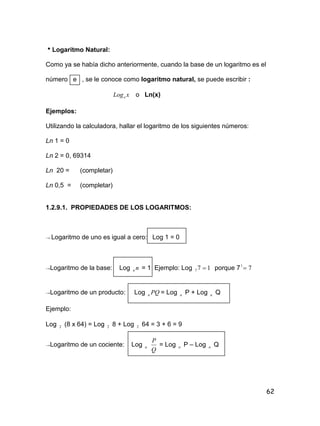 62
Logaritmo Natural:
Como ya se había dicho anteriormente, cuando la base de un logaritmo es el
número e , se le conoce como logaritmo natural, se puede escribir :
xLoge o Ln(x)
Ejemplos:
Utilizando la calculadora, hallar el logaritmo de los siguientes números:
Ln 1 = 0
Ln 2 = 0, 69314
Ln 20 = (completar)
Ln 0,5 = (completar)
1.2.9.1. PROPIEDADES DE LOS LOGARITMOS:
→ Logaritmo de uno es igual a cero: Log 1 = 0
→Logaritmo de la base: Log nn = 1 Ejemplo: Log 177  porque 7 71

→Logaritmo de un producto: Log PQa = Log a P + Log a Q
Ejemplo:
Log 2 (8 x 64) = Log 2 8 + Log 2 64 = 3 + 6 = 9
→Logaritmo de un cociente: Log a
Q
P
= Log a P – Log a Q
 