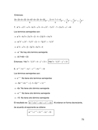 73
Entonces:
             11111
2
1
2
1
6
3
6
63743
6
116126766236126 







 nnnnn
bbbbb
7. a 48217788 342323242234
 abababababababab
Los terminos semejantes son:
 a   babababab 44444
142181218 
 -a   2323232323
77117 babababab 
 a   0011 2222
 bababab
 -a3
No hay otro termino semejante
 -8-7+48 = 33
Entonces: 14a  3307 3234
abab 14a 337 3234
 abab
8. x 10865 1312
  aaaaa
xxxx
Los términos semejantes son:
 x 2a
No tiene otro terminos semejantes
 -5x   1111
3858 
 aaaa
xxx
 -6x a
No tiene otro término semejante
 -x 3a
No tiene otro término semejante
 -10 No tiene otro término semejante
El resultado es: x 1063 312
  aaaa
xxx Al ordenar en forma decreciente,
de acuerdo al exponente se obtiene
-x 1063 123
  aaaa
xxx
 