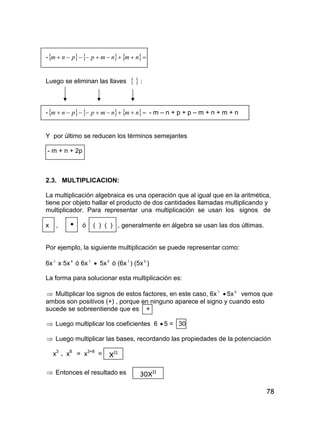78
-      nmnmppnm
Luego se eliminan las llaves   :
-      nmnmppnm - m – n + p + p – m + n + m + n
Y por último se reducen los términos semejantes
- m + n + 2p
2.3. MULTIPLICACION:
La multiplicación algebraica es una operación que al igual que en la aritmética,
tiene por objeto hallar el producto de dos cantidades llamadas multiplicando y
multiplicador. Para representar una multiplicación se usan los signos de
x ,  ó ( ) ( ) , generalmente en álgebra se usan las dos últimas.
Por ejemplo, la siguiente multiplicación se puede representar como:
6x3
x 5x8
ó 6x3
 5x8
ó (6x3
) (5x8
)
La forma para solucionar esta multiplicación es:
 Multiplicar los signos de estos factores, en este caso, 6x3
 5x8
vemos que
ambos son positivos (+) , porque en ninguno aparece el signo y cuando esto
sucede se sobreentiende que es +
 Luego multiplicar los coeficientes 6  5 = 30
 Luego multiplicar las bases, recordando las propiedades de la potenciación
x3
. x8
= x3+8
=
 Entonces el resultado es
X11
30X11
 