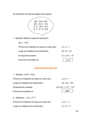 79
Es importante recordar las reglas de los signos:
 Ejemplo: Realiza la siguiente operación:
(3a3
) (-7a2
)
Primero se multiplican los signos en este caso: (+) (-) = -
Luego se multiplican los coeficientes: (3) (7) = 21
En seguida las bases (a3
) (a2
) = a5
Entonces el resultado es
EJERCICIOS RESUELTOS
1. Resolver (-4m5
) (12m)
Primero se multiplican los signos en este caso: (-) (+) = -
Luego se multiplican los coeficientes: (4) (12) = 48
Enseguida las variables (m5
) (m) = m5+1
= m6
Entonces el resultado es
2. Multiplicar: ( -xa
) (-xa+1
)
Primero se multiplican los signos en este caso: (-) (-) = +
Luego se multiplican los coeficientes: (1) (1) = 1
(+) . (+) = (+)
(+) . (-) = (-)
(- ) . (+) = (-)
(- ) . (- ) = (+)
-21 a5
-48m6
 