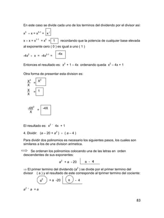 83
En este caso se divide cada uno de los terminos del dividendo por el divisor asi:
x3
 x = x3-1
= x 2
x  x = x1-1
= x0
= 1 recordando que la potencia de cualquier base elevada
al exponente cero ( 0 ) es igual a uno ( 1 )
-4x2
 x = -4x2-1
=
Entonces el resultado es: x2
+ 1 – 4x ordenando queda x2
– 4x + 1
Otra forma de presentar esta division es:
=
=
=
El resultado es: x2 -
4x + 1
4. Dividir: (a – 20 + a2
)  ( a – 4 )
Para dividir dos polinomios es necesario los siguientes pasos, los cuales son
similares a los de una division arimetica.
Se ordenan los polinomios colocando una de las letras en orden
descendentes de sus exponentes:
a2
+ a - 20
 El primer termino del dividendo (a2
) se divide por el primer termino del
divisor ( a ) y el resultado de este corresponde al tprimer termino del cociente:
+ a -20 - 4
a2 
a = a
-4x
X3
X
X2
X
X
1
-4X2
X
-4X
a - 4
a2 a
 
