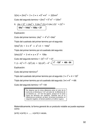 92
3(3n)  (5m)2
= 3  3  n  52
 m2
= 225nm2
Cubo del segundo termino = (5m)3
= 53
m3
= 125m3
6. (4a + 3)3
= (4a)3
+ 3 (4a )2
(3) + 3 (4a ) (3) 2
+ (3)3
=
Explicación:
Cubo del primer termino: (4a)3
= 43
a3
= 64a3
Triplo del cuadrado del primer termino por el segundo:
3(4a)2
(3) = 3  42
 a2
 3 = 144a2
Triplo del primer termino por el cuadrado del segundo:
3(4a) (3)2
= 3  4  a  32
= 108a
Cubo del segundo termino = (3)3
= 33
= 27
7. (t – 4)3
= t3
– 3(t2
) (4) + 3(t) (42
) - 43
=
Explicación:
Cubo del primer término:t3
Triplo del cuadrado del primer termino por el segundo: 3  t2
 4 = 12t2
Triplo del primer termino por el cuadrado del segundo: 3 t  42
= 48t
Cubo del segundo termino = 43
= 64
Matemáticamente, la forma general de un producto notable se puede expresar
como:
(a+b)  (a+b)  ......  (a+b) n veces.
64a3
+ 144a2
+ 108a + 27
t3
- 12t2
+ 48t - 64
Se observa que la única diferencia entre el cubo de la
sumo de un binomio (a + b)
3
y el cubo de la diferencia de
un binomio (a – b)
3
son los signos, porque en la suma
todos los términos son positivos, mientras que en la
diferencia se combinan, es decir, el primero es positivo, el
segundo negativo, el tercero positivo y el ultimo negativo
 