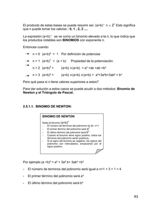93
El producto de estas bases se puede resumir asì: (a+b) n
n  Z+
Esto significa
que n puede tomar los valores : 0, 1 , 2, 3 ....
La expresiòn (a+b) n
se ve como un binomio elevado a la n, lo que indica que
los productos notables son BINOMIOS con exponente n.
Entonces cuando:
n = 0 (a+b)º = 1 Por definiciòn de potencias
n = 1 (a+b)1
= (a + b) Propiedad de la potenciaciòn.
n = 2 (a+b)2
= (a+b)  (a+b) = a² +ab +ab +b²
n = 3 (a+b)³ = (a+b)  (a+b)  (a+b) = a³+3a²b+3ab² + b³
Pero què pasa si n tiene valores superiores a estos?
Para dar solución a estos casos se puede acudir a dos métodos: Binomio de
Newton y el Triángulo de Pascal.
2.5.1.1. BINOMIO DE NEWTON:
Por ejemplo (a +b)³ = a³ + 3a² b+ 3ab² +b³
- El número de terminos del polinomio será igual a n+1 = 3 + 1 = 4
- El primer término del polinomio será a³
- El último término del polinomio será b³
BINOMIO DE NEWTON
Dado el binomio (a+b)n
- El número de términos del polinomio es de n+1
- El primer término del polinomio será an
- El último término del polinomio será bn
- Cuando el binomio tiene signo positivo, todos los
términos del polinomio serán positivos.
- Si el signo del binomio es negativo, los signos del
polinomio van intercalados, empezando por el
signo positivo.
 