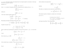 p1 = p1 (r) : The prime notation and subscript have been dropped simply for convenience at this stage.
To solve the steady-state equation:
Integrate wrt r
1
2
2 dp
dr
((r r) p) = k
where k is a constant of integration and can be calculated from the conditions, that as r ! 1
(
dp
dr
! 0
p ! 0
) k = 0
which gives
1
2
2 dp
dr
= ((r r) p) ;
a …rst order variable separable equation. So
1
2
2
Z
dp
p
=
Z
((r r)) dr !
1
2
2
ln p = rr
r2
2
+ C , C is arbitrary.
Rearranging and taking exponentials of both sides to give
p = exp 2
2 rr
r2
2
+ D = E exp 2
2
r2
2
rr
Complete the square to get
p = E exp 2 (r r)2
r2
p1 = A exp 2 (r0
r)
2
:
There is another way of performing the integration on the rhs. If we go back to
R
(r r) dr and write
as Z
1
2
d
dr
(r r)2
dr =
2
(r r)2
to give
1
2
2
ln p =
2
(r r)2
+ C:
Now we know as p1 is a PDF
Z 1
1
p1 dr0
= 1 !
A
Z 1
1
exp 2 (r0
r)
2
dr0
= 1
A few (related) ways to calculate A. Now use the error function, i.e.
Z 1
1
e x2
dx =
p
So put
x =
q
2 (r0
r) ! dx =
q
2 dr0
19
which transforms the integral above
A
p
Z 1
1
e x2
dx = 1 ! A
r
= 1
therefore
A = 1
r
:
This allows us to …nally write the steady-state transition PDF as
p1 = 1
r
exp 2 (r0
r)
2
:
The backward equation is obtained in a similar way to the forward
p (y; t; y0
; t0
) =
+
(y; t) p (y + y; t + t; y0
; t0
)
+ 1 (y; t) +
(y; t) p (y; t + t; y0
; t0
)
+ (y; t) p (y y; t + t; y0
; t0
)
and expand using Taylor. The resulting PDE is
@p
@t
+
1
2
B2
(y; t)
@2
p
@y2
+ A (y; t)
@p
@y
= 0:
20
 