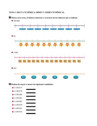 TEMA 3. RECTA NUMÉRICA, ORDEN Y SERIES NUMÉRICAS.

 Marca en la recta, el número antecesor y el sucesor de los números que se indican.
   970 000




   68




   3 990




   467




 Ordena de mayor a menor las siguientes cantidades.
    6 109 877
    6 109 878
    6 109 880
    6 109 883
    6 109 882
    6 109 879
    6 109 881
    6 109 876
 