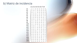 b) Matriz de incidencia
a1
a2
a3
a4
a5
a6
a7
a8
a9
a10
a11
a12
a13
a14
a15
a16
a17
a18
a19
a20
v1 v2 v3 v4 v5 v6 v7 v8
 