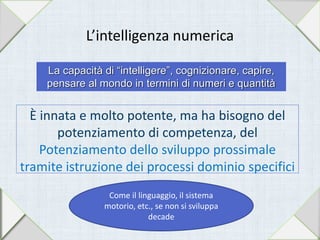 L’intelligenza numerica
È innata e molto potente, ma ha bisogno del
potenziamento di competenza, del
Potenziamento dello sviluppo prossimale
tramite istruzione dei processi dominio specifici
La capacità di “intelligere”, cognizionare, capire,
pensare al mondo in termini di numeri e quantità
Come il linguaggio, il sistema
motorio, etc., se non si sviluppa
decade
 