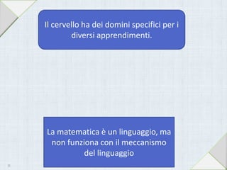 Il cervello ha dei domini specifici per i
diversi apprendimenti.
La matematica è un linguaggio, ma
non funziona con il meccanismo
del linguaggio
28
 