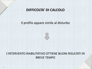 DIFFICOLTA’ DI CALCOLO
Il profilo appare simile al disturbo
L’INTERVENTO RIABILITATIVO OTTIENE BUONI RISULTATI IN
BREVE TEMPO
10
 