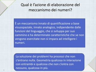 Qual è l’azione di elaborazione del
meccanismo dei numeri?
È un meccanismo innato di quantificazione a base
visuospaziale, innato analogico, indipendente dalle
funzioni del linguaggio, che si sviluppa per suo
cammino e ha determinate caratteristiche che se non
vengono esercitate non si impara ad intelligere i
numeri.
La soluzione dei problemi ha processi che non
c’entrano nulla. Geometria qualcosa in interazione
con entrambi e qualcosa che non c’entra con
nessuno, qualcosa in più.
29
 