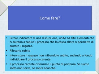• Errore indicatore di una disfunzione, unito ad altri elementi che
ci aiutano a capire il processo che lo causa allora ci permette di
aiutare il ragazzo.
• Rilevarlo subito
• Intervistare il ragazzo non inibendolo subito, andando a fondo
individuare il processo carente.
• Il processo carente ci fornisce il punto di partenza. Se siamo
sotto non serve, se sopra neanche.
Come fare?
32
 