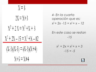4- En la cuarta
operación que es:
x2 + 2x -15 = x2 + x – 12
En este caso se restan
-15
x2 + 2x = x2 + x + 3
-15 = -5
 