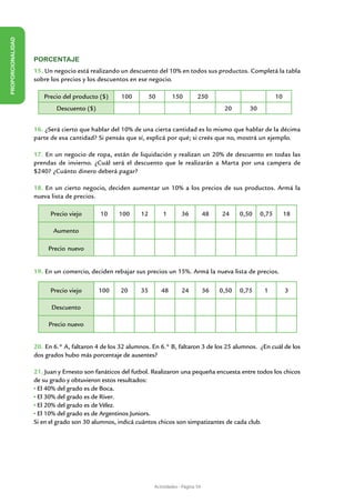 PROPORCIONALIDAD




                   Porcentaje
                   15. Un negocio está realizando un descuento del 10% en todos sus productos. Completá la tabla
                   sobre los precios y los descuentos en ese negocio.

                      Precio del producto ($)      100         50        150         250                             10
                           Descuento ($)                                                        20       30


                   16. ¿Será cierto que hablar del 10% de una cierta cantidad es lo mismo que hablar de la décima
                   parte de esa cantidad? Si pensás que sí, explicá por qué; si creés que no, mostrá un ejemplo.

                   17. En un negocio de ropa, están de liquidación y realizan un 20% de descuento en todas las
                   prendas de invierno. ¿Cuál será el descuento que le realizarán a Marta por una campera de
                   $240? ¿Cuánto dinero deberá pagar?

                   18. En un cierto negocio, deciden aumentar un 10% a los precios de sus productos. Armá la
                   nueva lista de precios.

                         Precio viejo      10     100     12        1        36           48   24     0,50    0,75        18

                          Aumento

                        Precio nuevo


                   19. En un comercio, deciden rebajar sus precios un 15%. Armá la nueva lista de precios.

                         Precio viejo      100     20     35        48       24           36   0,50   0,75     1          3

                         Descuento

                        Precio nuevo


                   20. En 6.° A, faltaron 4 de los 32 alumnos. En 6.° B, faltaron 3 de los 25 alumnos. ¿En cuál de los
                   dos grados hubo más porcentaje de ausentes?

                   21. Juan y Ernesto son fanáticos del futbol. Realizaron una pequeña encuesta entre todos los chicos
                   de su grado y obtuvieron estos resultados:
                    El 40% del grado es de Boca.
                    El 30% del grado es de River.
                    El 20% del grado es de Vélez.
                    El 10% del grado es de Argentinos Juniors.
                   Si en el grado son 30 alumnos, indicá cuántos chicos son simpatizantes de cada club.




                                                                Actividades - Página 59
 