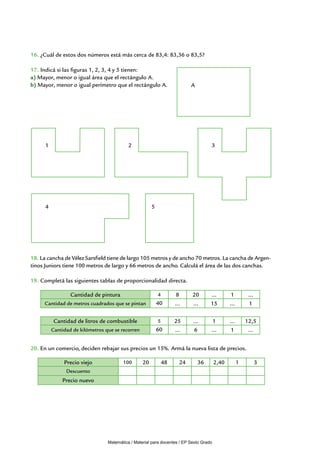 16. ¿Cuál de estos dos números está más cerca de 83,4: 83,36 o 83,5?

17. Indicá si las figuras 1, 2, 3, 4 y 5 tienen:
a) Mayor, menor o igual área que el rectángulo A.
b) Mayor, menor o igual perímetro que el rectángulo A.                      A




      1                                     2                                        3




      4                                                 5




18. La cancha de Vélez Sarsfield tiene de largo 105 metros y de ancho 70 metros. La cancha de Argen-
tinos Juniors tiene 100 metros de largo y 66 metros de ancho. Calculá el área de las dos canchas.

19. Completá las siguientes tablas de proporcionalidad directa.

                  Cantidad de pintura                       4         8     20       ...         1         ...
     Cantidad de metros cuadrados que se pintan             40       ...    ...      15         ...         1

           Cantidad de litros de combustible                5        25     ...       1         ...       12,5
          Cantidad de kilómetros que se recorren            60       ...     6       ...         1         ...


20. En un comercio, deciden rebajar sus precios un 15%. Armá la nueva lista de precios.

               Precio viejo              100       20           48     24       36       2,40         1          3
                Descuento
              Precio nuevo




                                  Matemática / Material para docentes / EP Sexto Grado
 