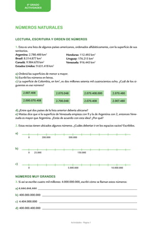 6º GRADO
        ACTIVIDADES




Números NATURALES

LECTURA, ESCRITURA Y ORDEN DE NÚMEROS

1. Esta es una lista de algunos países americanos, ordenados alfabéticamente, con la superficie de sus
territorios.
Argentina: 2.780.400 km2                   Honduras: 112.492 km2
Brasil: 8.514.877 km2                      Uruguay: 176.215 km2
Canadá: 9.984.670 km     2
                                           Venezuela: 916.445 km2
Estados Unidos: 9.631.418 km2

a) Ordená las superficies de menor a mayor.
b) Escribí los números en letras.
c) La superficie de Colombia, en km2, es dos millones setenta mil cuatrocientos ocho. ¿Cuál de los si-
guientes es ese número?

      2.007.408                    2.070.048                  2.070.408.000         2.070.480

      2.000.070.408                2.700.048                  2.070.408             2.007.480


d) ¿Entre qué dos países de la lista anterior debería ubicarse?
e) Matías dice que si la superficie de Venezuela empieza con 9 y la de Argentina con 2, entonces Vene-
zuela es mayor que Argentina. ¿Estás de acuerdo con esta idea? ¿Por qué?

2. Estas rectas tienen ubicados algunos números. ¿Cuáles deberían ir en los espacios vacíos? Escribilos.

a)
           0             200.000              500.000



b)
           0    25.000                                  150.000



c)
           0                                 5.000.000                             10.000.000


NÚMEROS MUY GRANDES
3. Si así se escribe cuatro mil millones: 4.000.000.000, escribí cómo se llaman estos números:

a) 4.444.444.444 _____________________________________________________________________

b) 400.000.000.000 __________________________________________________________________

c) 4.404.000.000 ____________________________________________________________________

d) 400.000.400.000 __________________________________________________________________



                                                Actividades - Página 1
 