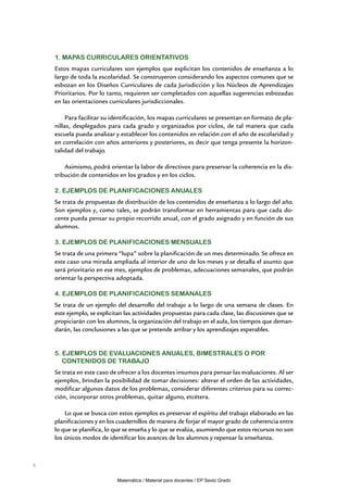 1. Mapas curriculares orientativos
    Estos mapas curriculares son ejemplos que explicitan los contenidos de enseñanza a lo
    largo de toda la escolaridad. Se construyeron considerando los aspectos comunes que se
    esbozan en los Diseños Curriculares de cada Jurisdicción y los Núcleos de Aprendizajes
    Prioritarios. Por lo tanto, requieren ser completados con aquellas sugerencias esbozadas
    en las orientaciones curriculares jurisdiccionales.

         Para facilitar su identificación, los mapas curriculares se presentan en formato de pla-
    nillas, desplegados para cada grado y organizados por ciclos, de tal manera que cada
    escuela pueda analizar y establecer los contenidos en relación con el año de escolaridad y
    en correlación con años anteriores y posteriores, es decir que tenga presente la horizon-
    talidad del trabajo.

        Asimismo, podrá orientar la labor de directivos para preservar la coherencia en la dis-
    tribución de contenidos en los grados y en los ciclos.

    2. Ejemplos de planificaciones anuales
    Se trata de propuestas de distribución de los contenidos de enseñanza a lo largo del año.
    Son ejemplos y, como tales, se podrán transformar en herramientas para que cada do-
    cente pueda pensar su propio recorrido anual, con el grado asignado y en función de sus
    alumnos.

    3. Ejemplos de planificaciones mensuales
    Se trata de una primera “lupa” sobre la planificación de un mes determinado. Se ofrece en
    este caso una mirada ampliada al interior de uno de los meses y se detalla el asunto que
    será prioritario en ese mes, ejemplos de problemas, adecuaciones semanales, que podrán
    orientar la perspectiva adoptada.

    4. Ejemplos de planificaciones semanales
    Se trata de un ejemplo del desarrollo del trabajo a lo largo de una semana de clases. En
    este ejemplo, se explicitan las actividades propuestas para cada clase, las discusiones que se
    propiciarán con los alumnos, la organización del trabajo en el aula, los tiempos que deman-
    darán, las conclusiones a las que se pretende arribar y los aprendizajes esperables.


    5. Ejemplos de evaluaciones anuales, bimestrales o por
       contenidos de trabajo
    Se trata en este caso de ofrecer a los docentes insumos para pensar las evaluaciones. Al ser
    ejemplos, brindan la posibilidad de tomar decisiones: alterar el orden de las actividades,
    modificar algunos datos de los problemas, considerar diferentes criterios para su correc-
    ción, incorporar otros problemas, quitar alguno, etcétera.

        Lo que se busca con estos ejemplos es preservar el espíritu del trabajo elaborado en las
    planificaciones y en los cuadernillos de manera de forjar el mayor grado de coherencia entre
    lo que se planifica, lo que se enseña y lo que se evalúa, asumiendo que estos recursos no son
    los únicos modos de identificar los avances de los alumnos y repensar la enseñanza.



6


                            Matemática / Material para docentes / EP Sexto Grado
 