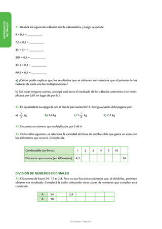 EXPRESIONES
 DECIMALES




              31. Realizá los siguientes cálculos con la calculadora, y luego respondé.

              8 × 0,1 = __________

              7,5 x 0,1 = __________

              45 × 0,1 = __________

              204 × 0,1 = __________

              33,5 × 0,1 = __________

              99,9 × 0,1 = __________

              a) ¿Cómo podés explicar que los resultados que se obtienen son menores que el primero de los
              factores de cada una las multiplicaciones?

              b) Sin hacer ninguna cuenta, anticipá cuál sería el resultado de los cálculos anteriores si se multi-
              plicara por 0,01 en lugar de por 0,1.


              32. En la panadería La espiga de oro, el kilo de pan cuesta $4,15. Averiguá cuánto debe pagarse por:

                   3                                                     1
              a)     kg		               b) 3,4 kg		               c) 1     kg		                d) 2,5 kg
                   4                                                     2


              33. Encontrá un número que multiplicado por 5 dé 4.

              34. En la tabla siguiente, se relaciona la cantidad de litros de combustible que gasta un auto con
              los kilómetros que recorre. Completala.



                      Combustible (en litros)                       1       2          3   4      5    10

                      Distancia que recorre (en kilómetros)        4,5                                      54




              División de números decimales
              35. El cociente de hacer 24 : 10 es 2,4. Pero no son los únicos números que, al dividirlos, permiten
              obtener ese resultado. Completá la tabla colocando otros pares de números que cumplan esta
              condición.

                                    A      24               2,4
                                    B      10




                                                             Actividades - Página 45
 