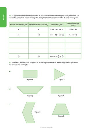 MEDIDA




         16. La siguiente tabla muestra las medidas de los lados de diferentes rectángulos y sus perímetros. En
         todos ellos, entran 48 cuadraditos iguales. Completá la tabla con las medidas de otros rectángulos.


                                                                                                   Cuadraditos que
          Medida de un lado (cm)      Medida de otro lado (cm)                Perímetro (cm)
                                                                                                       entran

                      6                            8                         6 + 6 + 8 + 8 = 28       6 x 8 = 48


                      4                            12                      4 + 4 + 12 + 12 = 32      4 x 12 = 48




                      1                            96                                  1   1
                                                                           96 + 96 +     +
                      2                                                                2   2


         17. Determiná, en cada caso, si alguna de las dos figuras tiene más, menos o igual área que la otra.
         No es necesario usar regla.


         a)



                                   Figura P                                             Figura O




         b)


                                    Figura J                                           Figura K



         c)



                                               Figura S

                                                                                       Figura T




                                                          Actividades - Página 51
 
