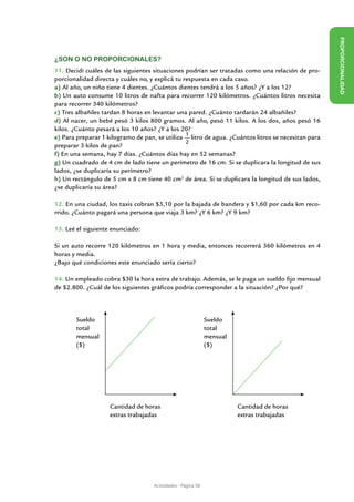 ¿Son o no proporcionales?




                                                                                                     PROPORCIONALIDAD
11. Decidí cuáles de las siguientes situaciones podrían ser tratadas como una relación de pro-
porcionalidad directa y cuáles no, y explicá tu respuesta en cada caso.
a) Al año, un niño tiene 4 dientes. ¿Cuántos dientes tendrá a los 5 años? ¿Y a los 12?
b) Un auto consume 10 litros de nafta para recorrer 120 kilómetros. ¿Cuántos litros necesita
para recorrer 340 kilómetros?
c) Tres albañiles tardan 8 horas en levantar una pared. ¿Cuánto tardarán 24 albañiles?
d) Al nacer, un bebé pesó 3 kilos 800 gramos. Al año, pesó 11 kilos. A los dos, años pesó 16
kilos. ¿Cuánto pesará a los 10 años? ¿Y a los 20?
e) Para preparar 1 kilogramo de pan, se utiliza 1 litro de agua. ¿Cuántos litros se necesitan para
                                                 2
preparar 3 kilos de pan?
f) En una semana, hay 7 días. ¿Cuántos días hay en 52 semanas?
g) Un cuadrado de 4 cm de lado tiene un perímetro de 16 cm. Si se duplicara la longitud de sus
lados, ¿se duplicaría su perímetro?
h) Un rectángulo de 5 cm x 8 cm tiene 40 cm2 de área. Si se duplicara la longitud de sus lados,
¿se duplicaría su área?

12. En una ciudad, los taxis cobran $3,10 por la bajada de bandera y $1,60 por cada km reco-
rrido. ¿Cuánto pagará una persona que viaja 3 km? ¿Y 6 km? ¿Y 9 km?

13. Leé el siguiente enunciado:

Si un auto recorre 120 kilómetros en 1 hora y media, entonces recorrerá 360 kilómetros en 4
horas y media.
¿Bajo qué condiciones este enunciado sería cierto?

14. Un empleado cobra $30 la hora extra de trabajo. Además, se le paga un sueldo fijo mensual
de $2.800. ¿Cuál de los siguientes gráficos podría corresponder a la situación? ¿Por qué?



        Sueldo                                                Sueldo
        total                                                 total
        mensual                                               mensual
        ($)                                                   ($)




                    Cantidad de horas                                   Cantidad de horas
                    extras trabajadas                                   extras trabajadas




                                    Actividades - Página 58
 