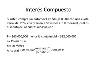 Si usted compra un automóvil de $40,000,000 con una cuota
inicial del 20%, con el saldo a 60 meses al 1% mensual, cuál es
el monto de las cuotas mensuales?
P = $40,000,000 menos la cuota inicial = $32,000,000
i = 1% mensual
n = 60 meses
A (cuota) =
Interés Compuesto
33.822,711$
1)01.01(
)01.01(01.0
*000,000,32$ 60
60
=
−+
+
 