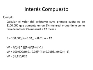 Ejemplo:
Calcular el valor del préstamo cuya primera cuota es de
$100,000 que aumenta en un 1% mensual y que tiene como
tasa de interés 2% mensual a 12 meses.
B = 100,000; i = 0.02; j = 0.01; n = 12
VP = B/(j-i) * {[(1+j)/(1+i)]n
-1}
VP = 100,000/(0.01-0.02)*{[(1+0.01)/(1+0.02)]n
-1}
VP = $1,115,062
Interés Compuesto
 